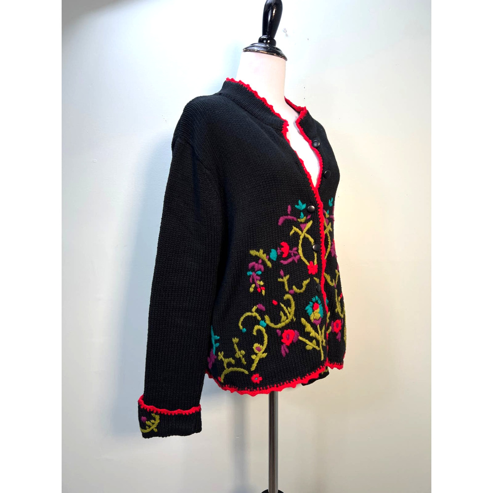 Vtg Cardigan Sweater Medium Black Floral Crewel Embroidered Crochet Cottagecore View 6